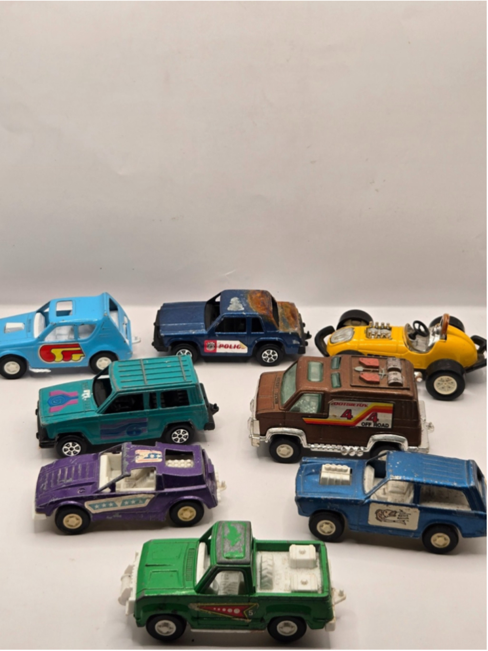 Large Vintage Lot Of 8 Tootsie toy Vehicles Van Racecar Police Car Truck Metal